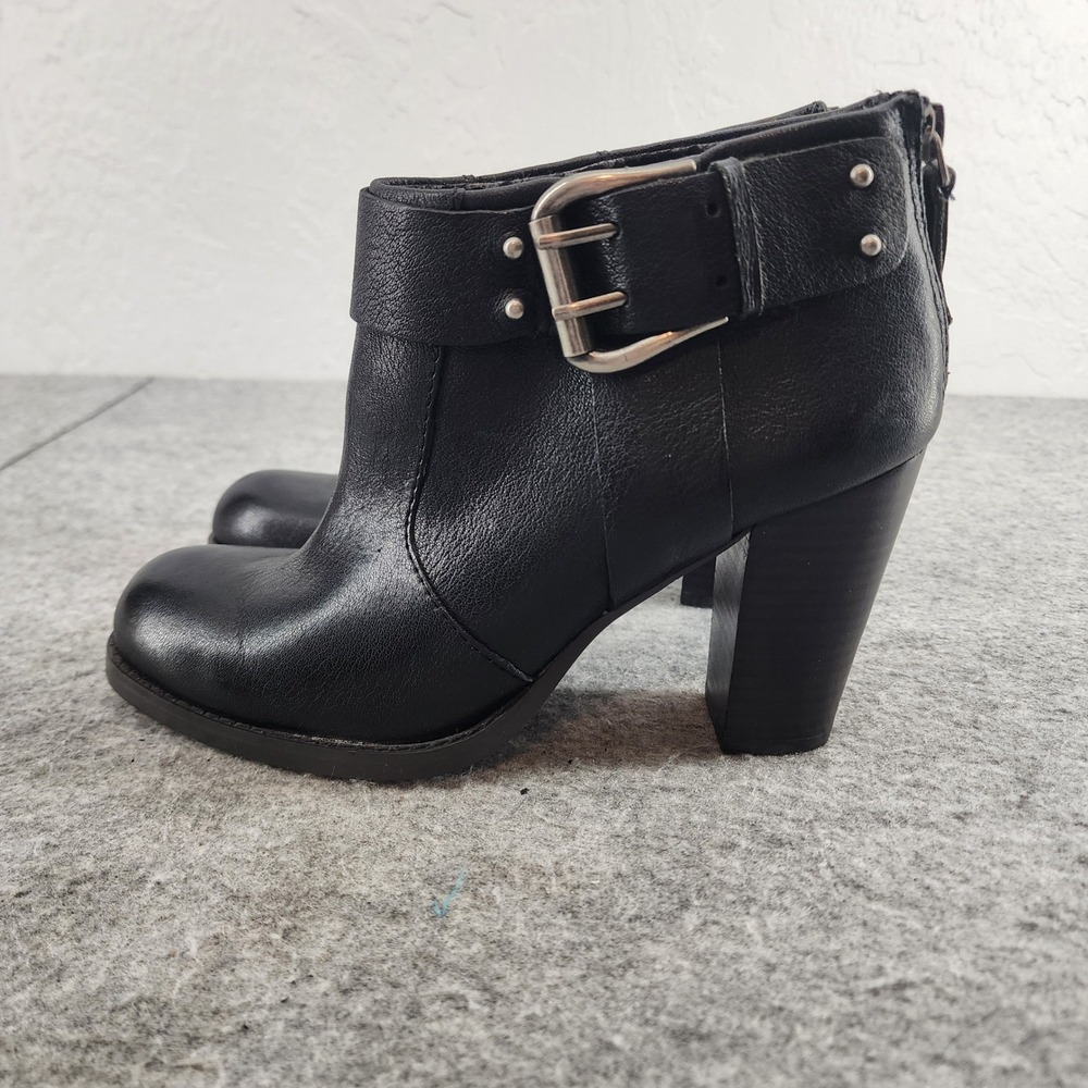 Nine West Black Leather Buckle Ankle Booties Block Heel Women 6.5M Kitrar